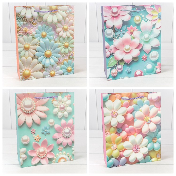 Пакет подарочный с блёстками "Цветы" (микс 262) 26*32*10 210г 1/20 1/240 Арт: 000262C