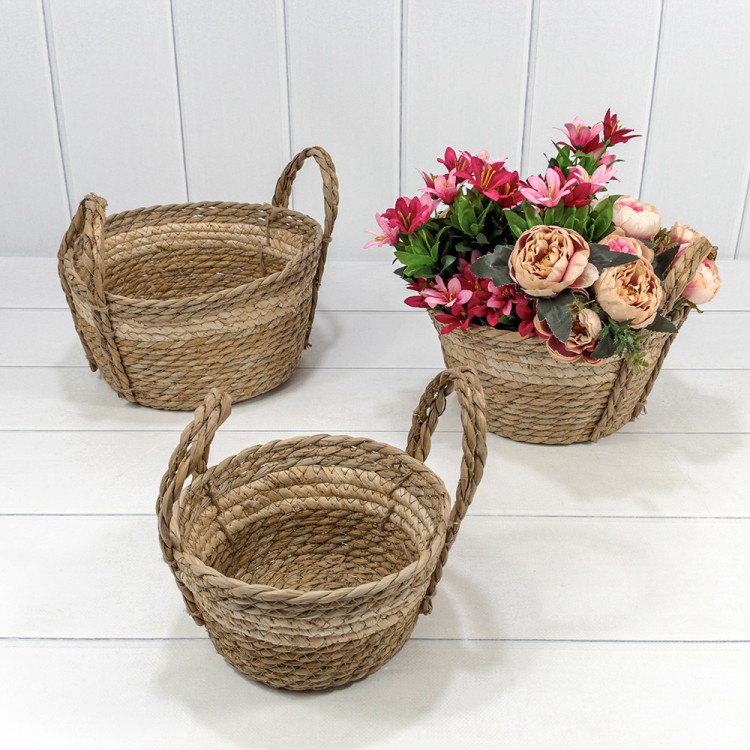 Корзины плетёные Круглые Набор 1/3 25*14 (±5%) из камыша с ручками Натуральный 1/16 Арт: 420219/3