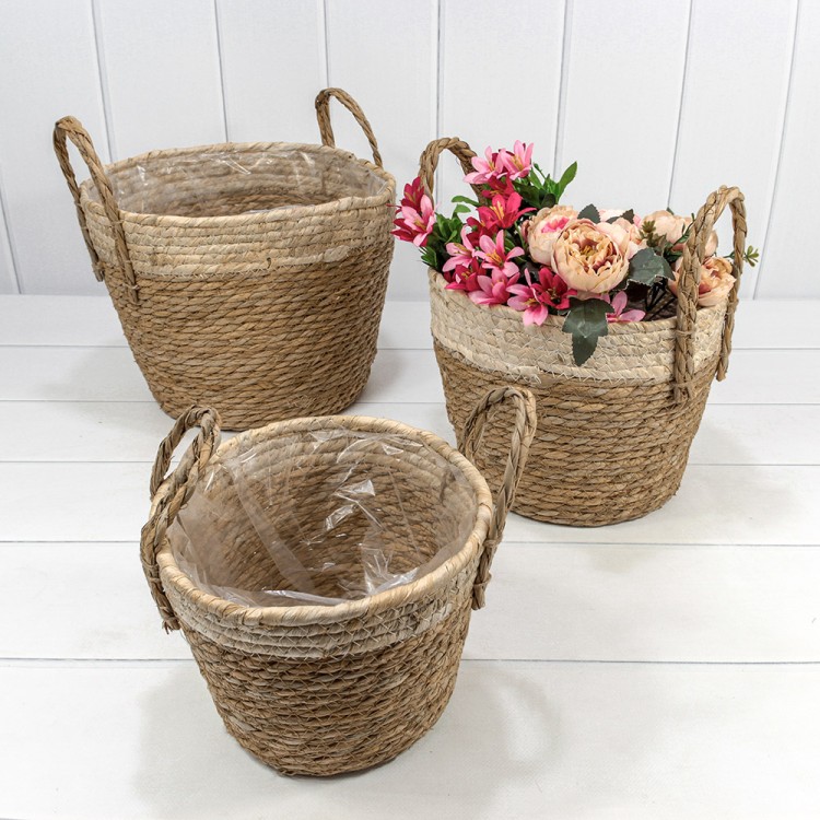 Корзины плетёные Круглые Набор 1/3 29*24 (±5%) из камыша с ручками Натуральный 1/8 Арт: 420220/3