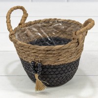 Корзина плетёная Круглая 15*12 (±5%) из камыша и бумаги с ручками Натуральный/Чёрный 1/96 Арт: 420125/8