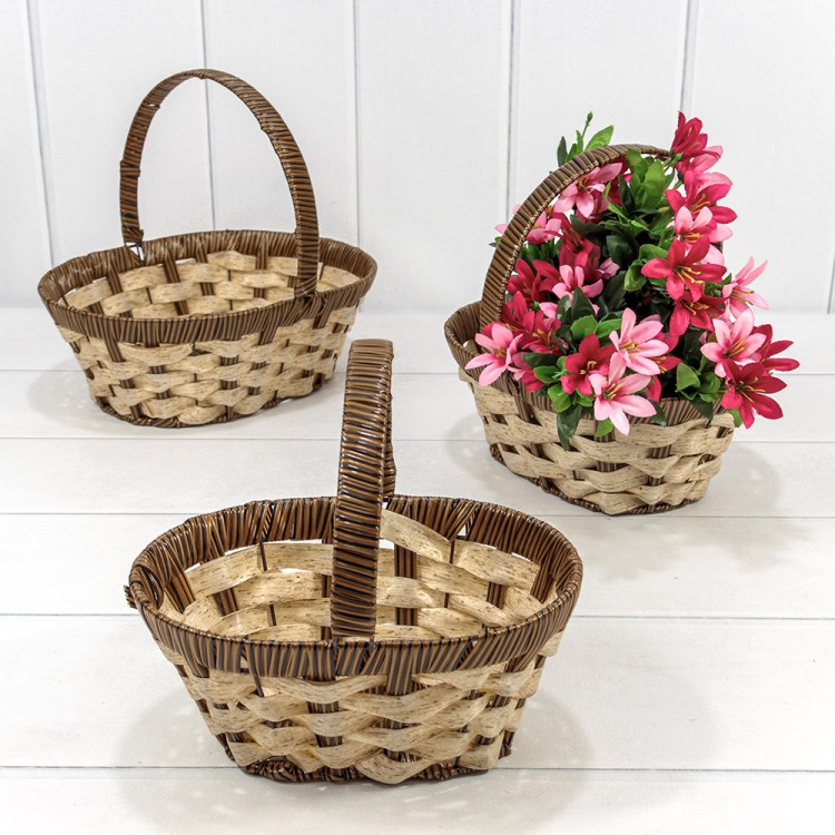 Корзины плетёные Овальные Набор 1/3 27*21*10 (±5%) из пластика с ручкой Коричневый/Бежевый 1/20 Арт: 420177/2197