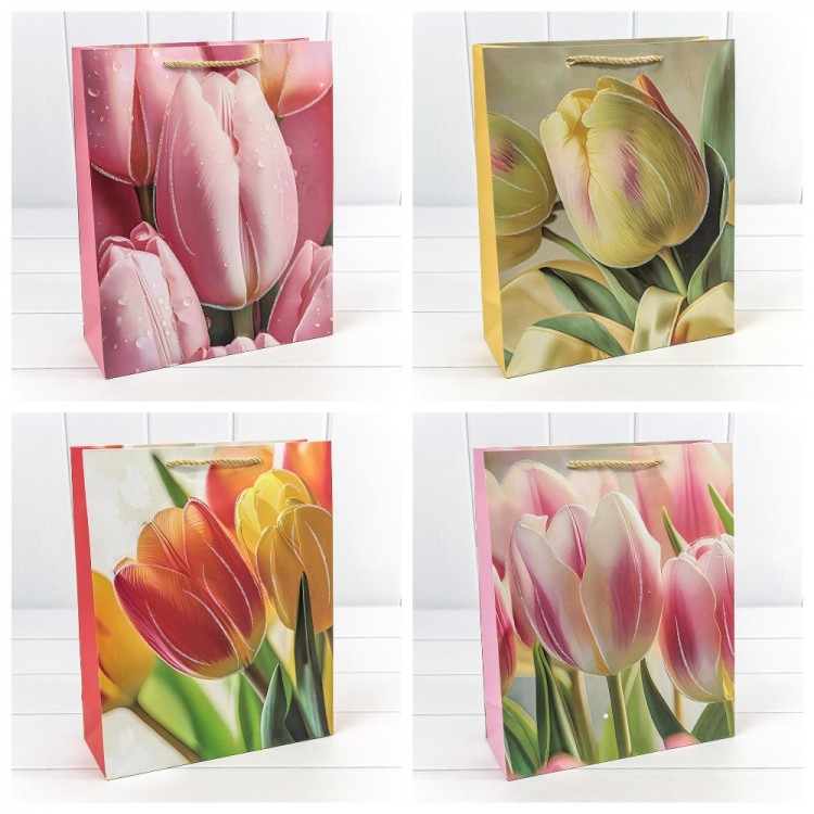 Пакет подарочный с блёстками "Тюльпаны" (микс 256) 26*32*10 210г 1/20 1/240 Арт: 000256C