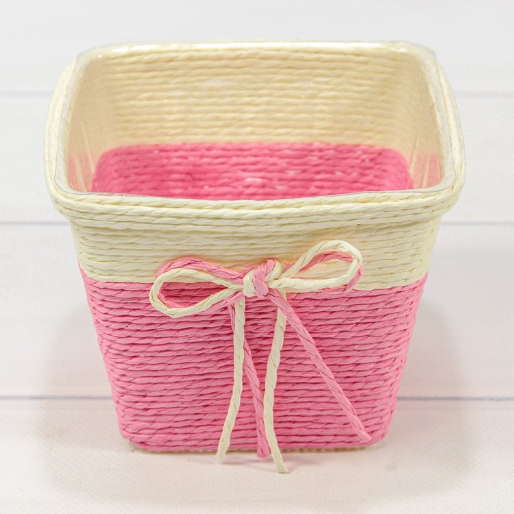 Кашпо плетёное Квадратное 13*13*10 (±5%) из бумаги с бантиком Розовый 1/80 Арт: 420142/2